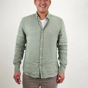 Jakamen Green Linen Slim Fit Long Sleeve Button Up Shirt